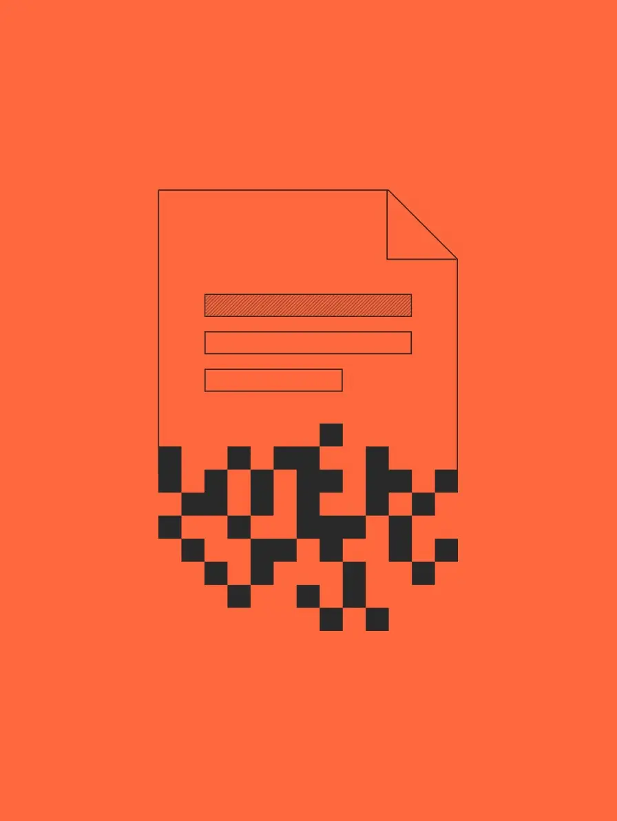 Pixelated document dissolving into squares