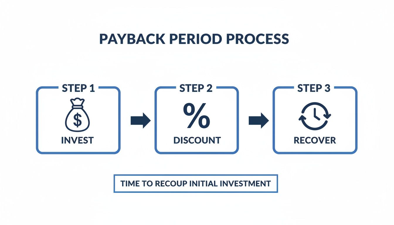 Flowchart illustrating the three-step discounted payback period process: invest, discount, and recover initial investment.