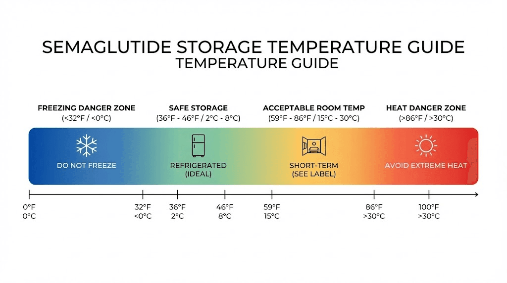 Semaglutide safe storage temperature zones from freezing to heat