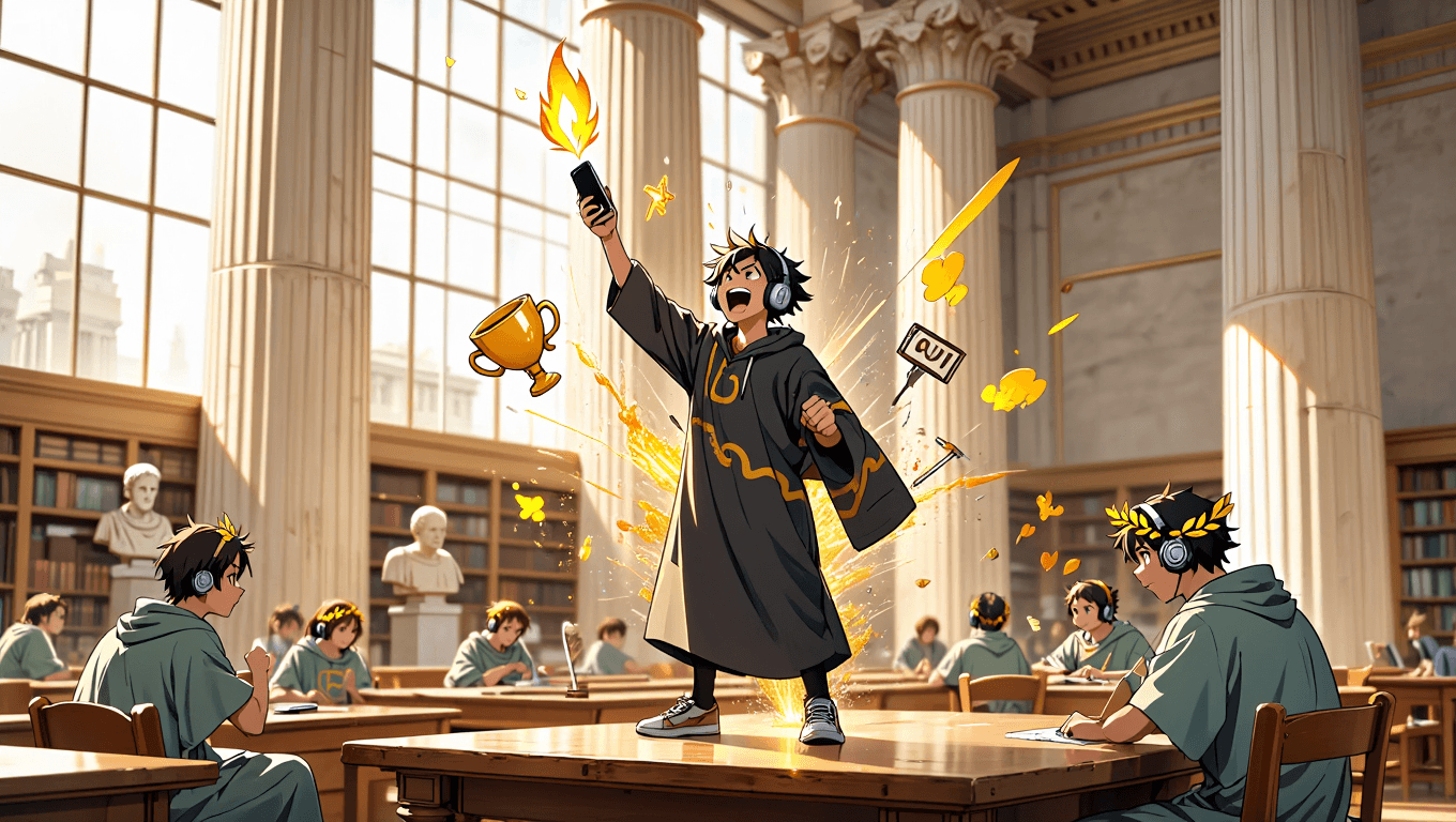 Victorious student celebrating a tournament win with golden XP sparks and a trophy from a glowing smartphone