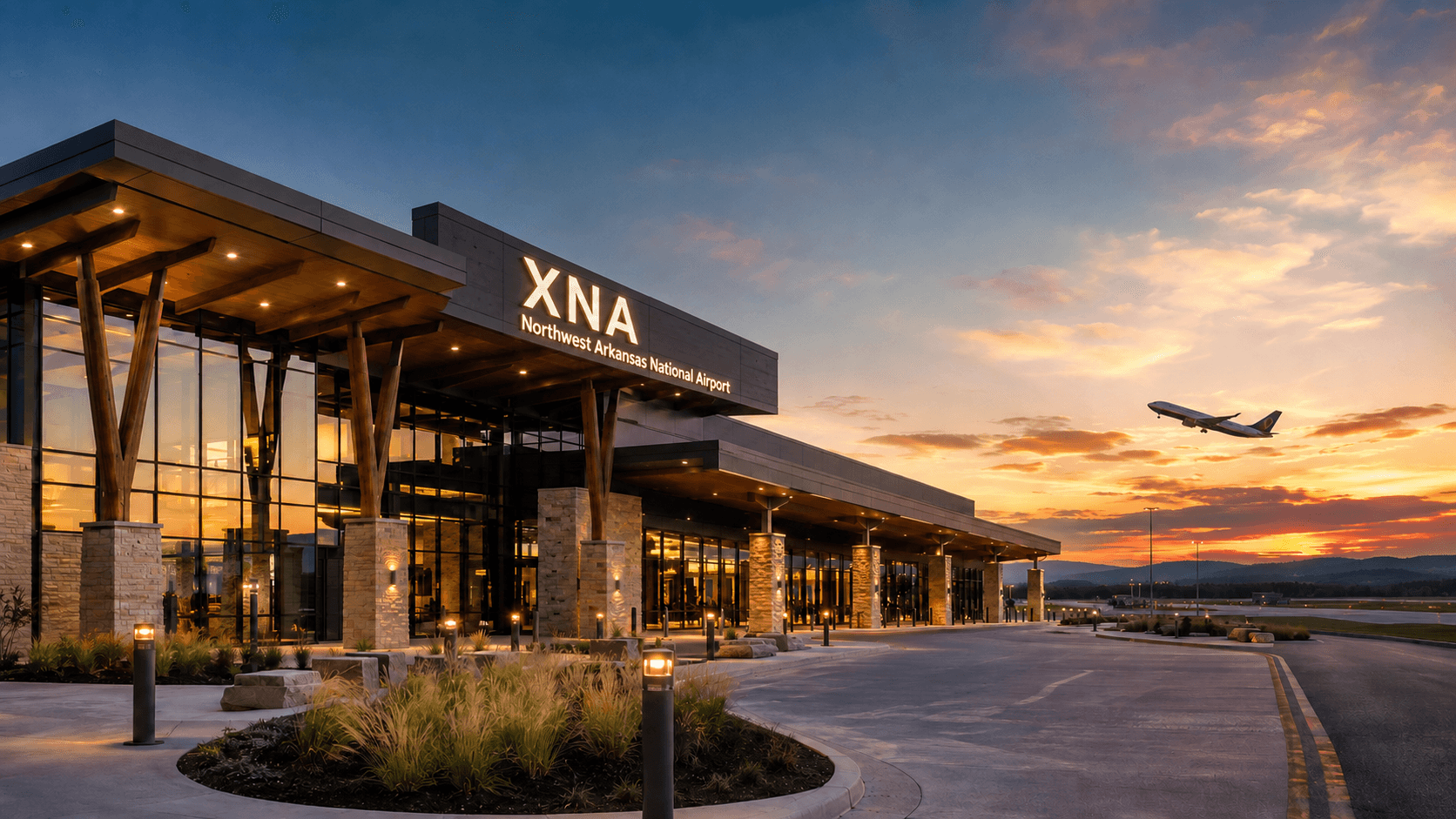 Northwest Arkansas airport terminal at sunset