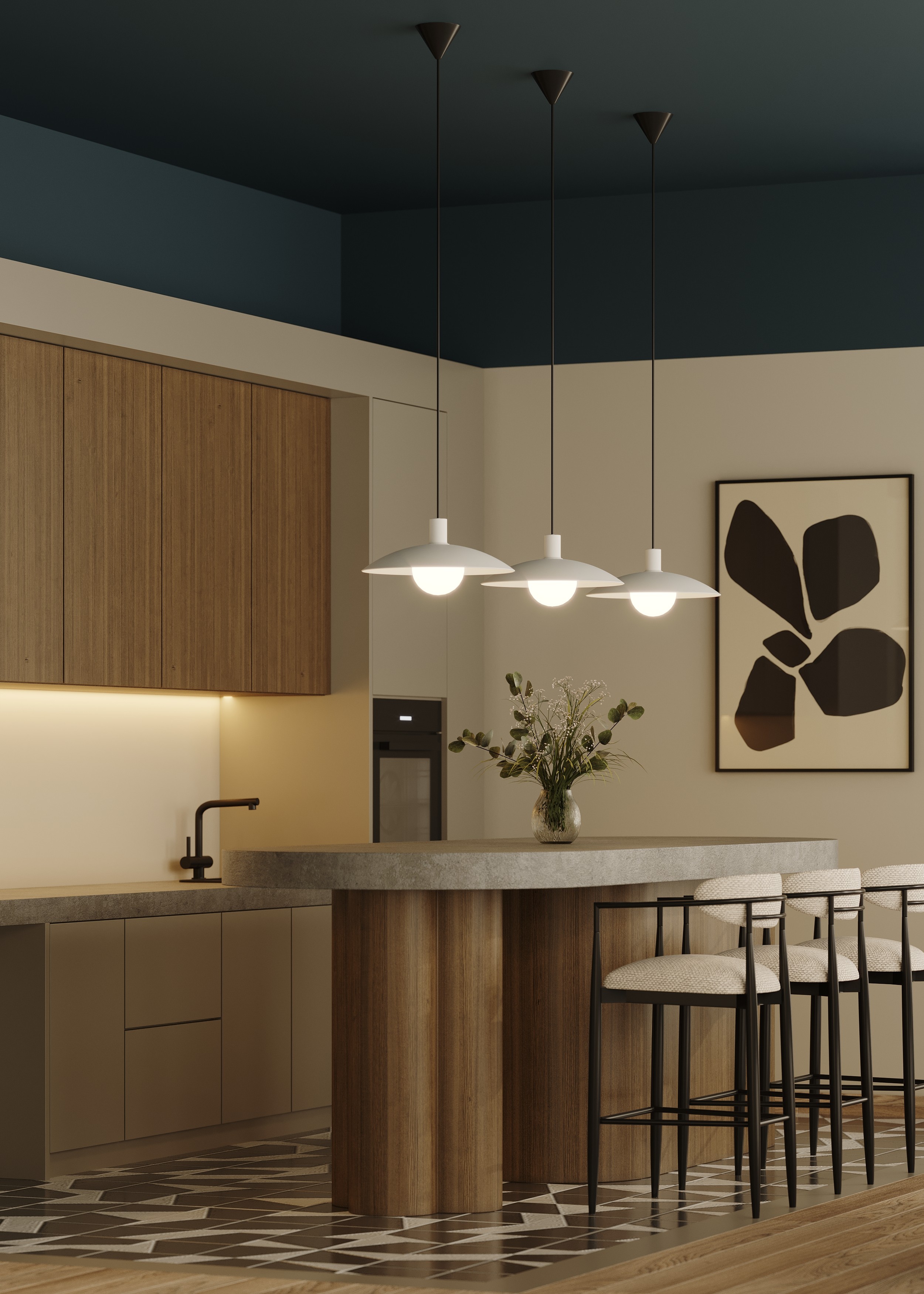 Detail shot of bespoke kitchen island and lighting and artwork features in PBSA residents' private dining room and kitchen