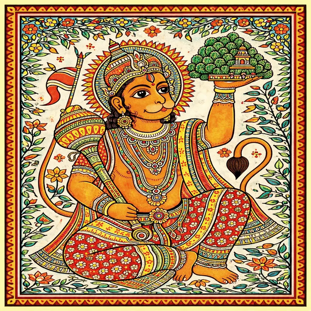 Painting of Hanuman in madhubani painting style