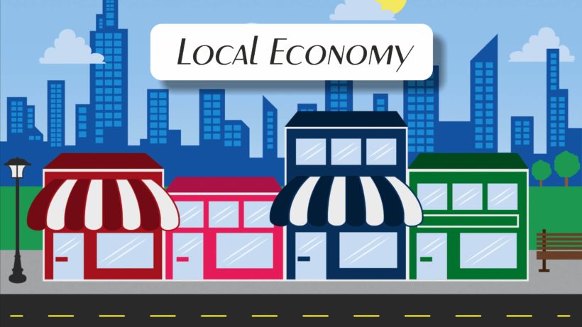 Local Economy text over storefronts and city buildings