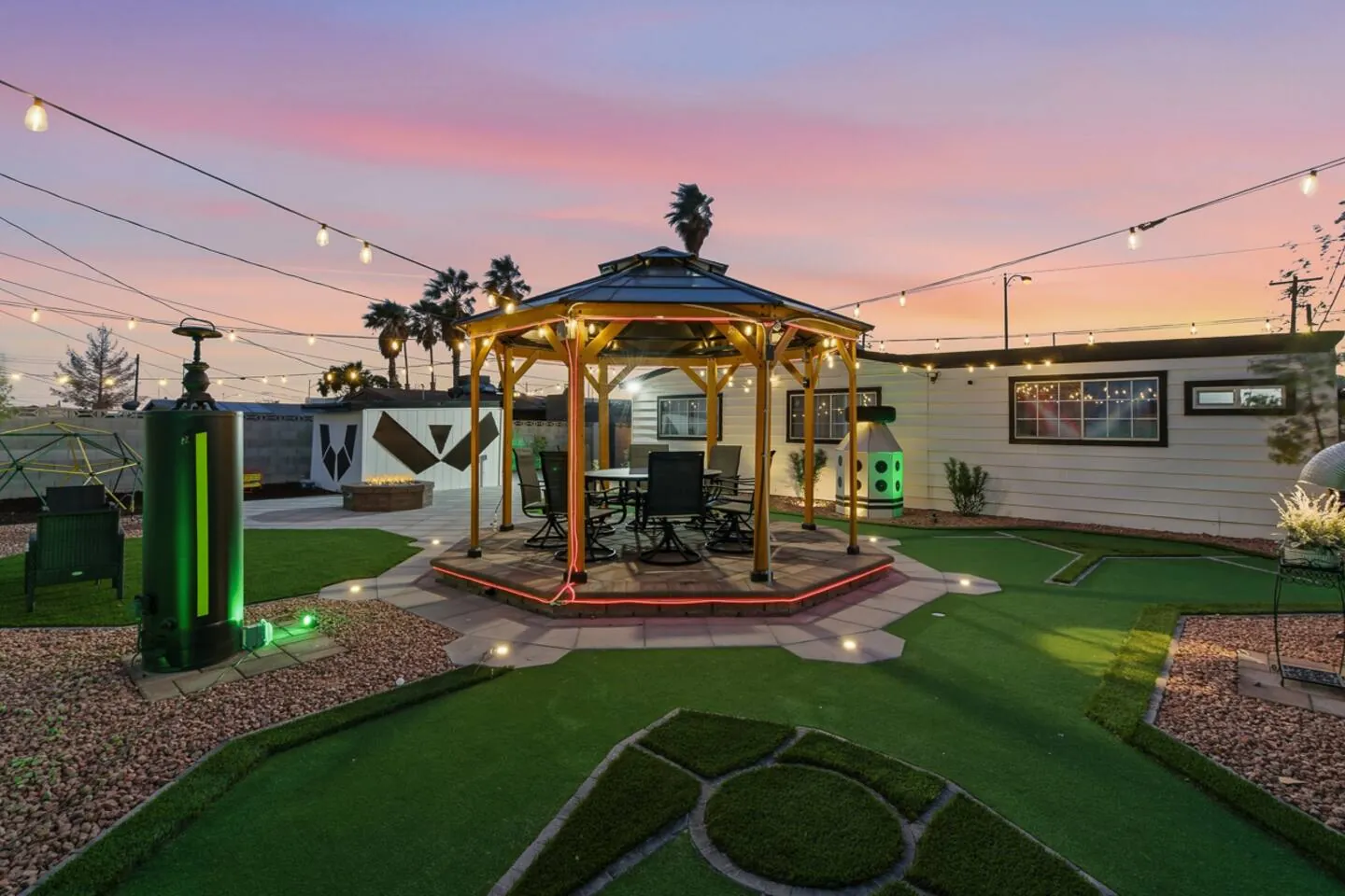 Backyard at dusk with the gazebo lit, Star Wars Getaway in North Las Vegas