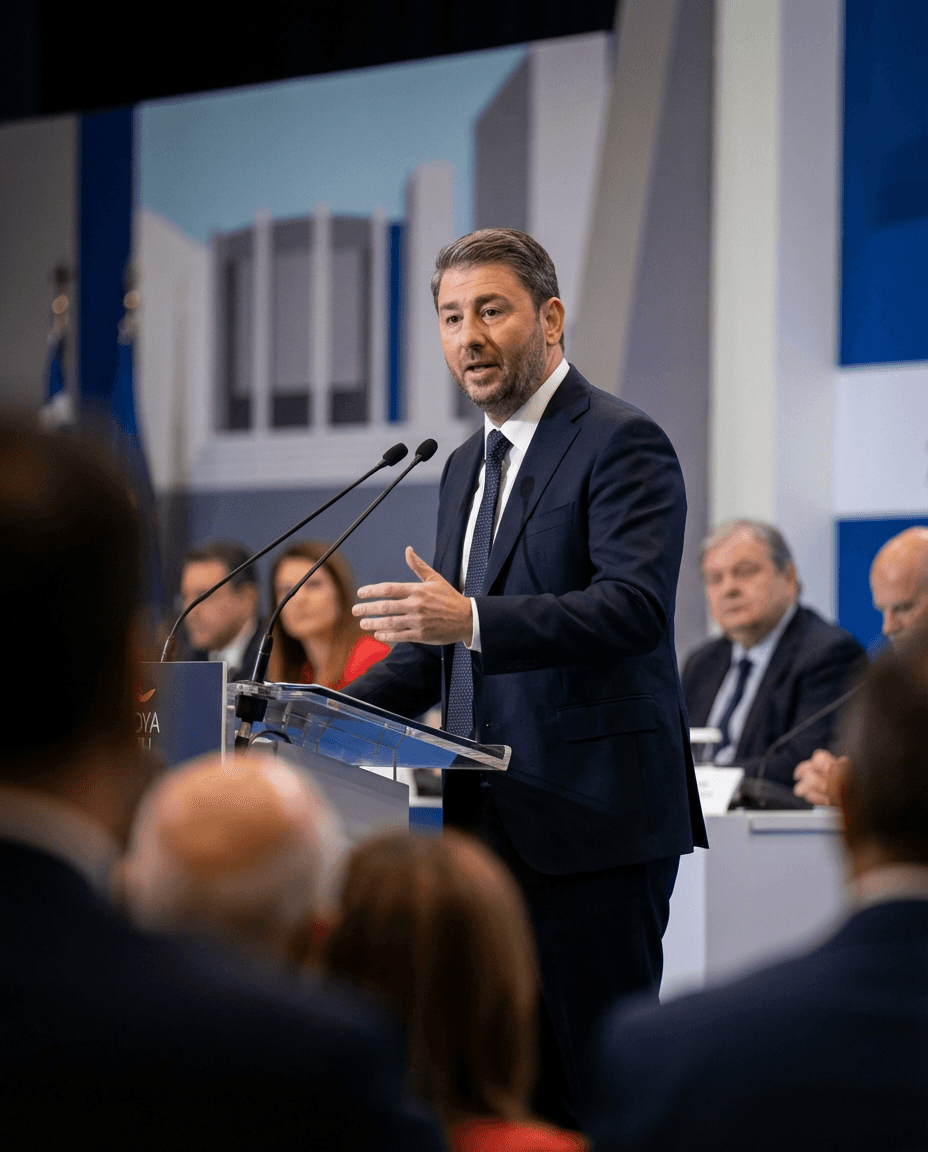 Nikos Androulakis speaking at a public political event.