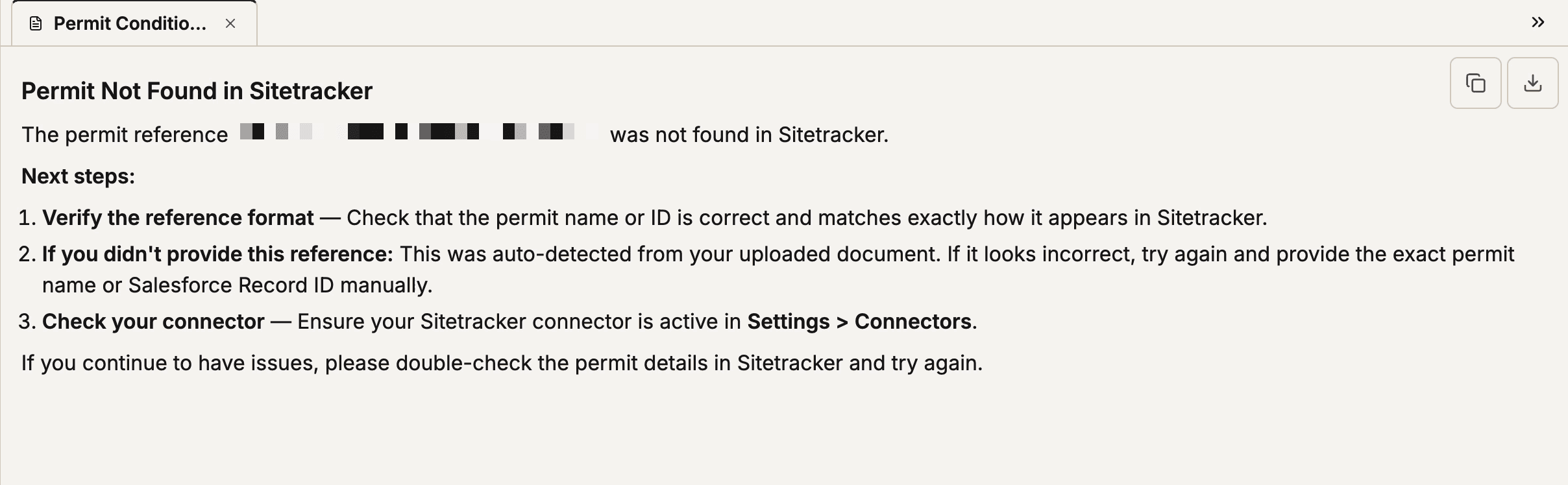 The shipped error card: Permit Not Found in Sitetracker, with three ranked recovery steps