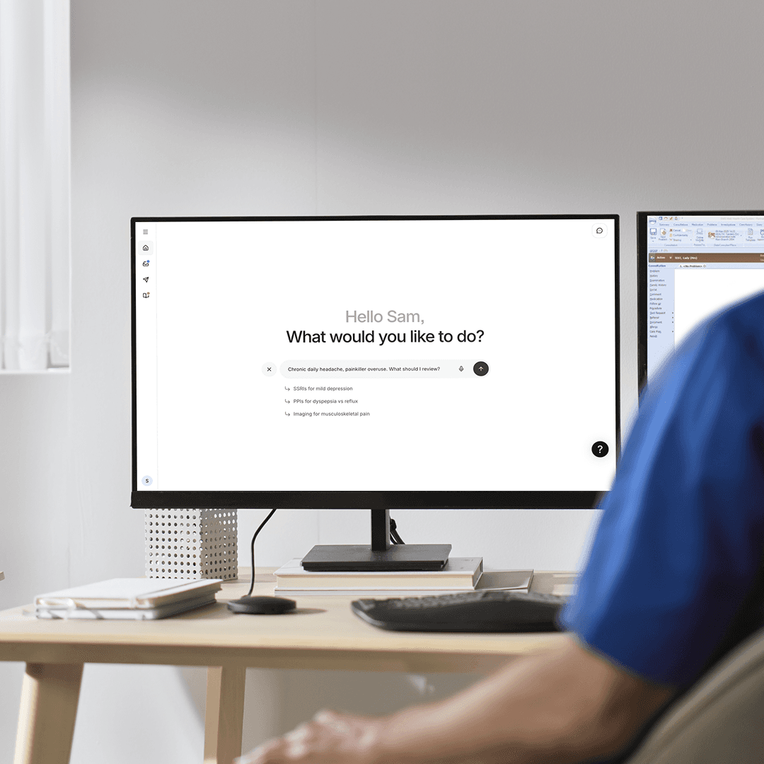 The Clinical Decision Support interface answering a clinical question alongside a documented consultation note.