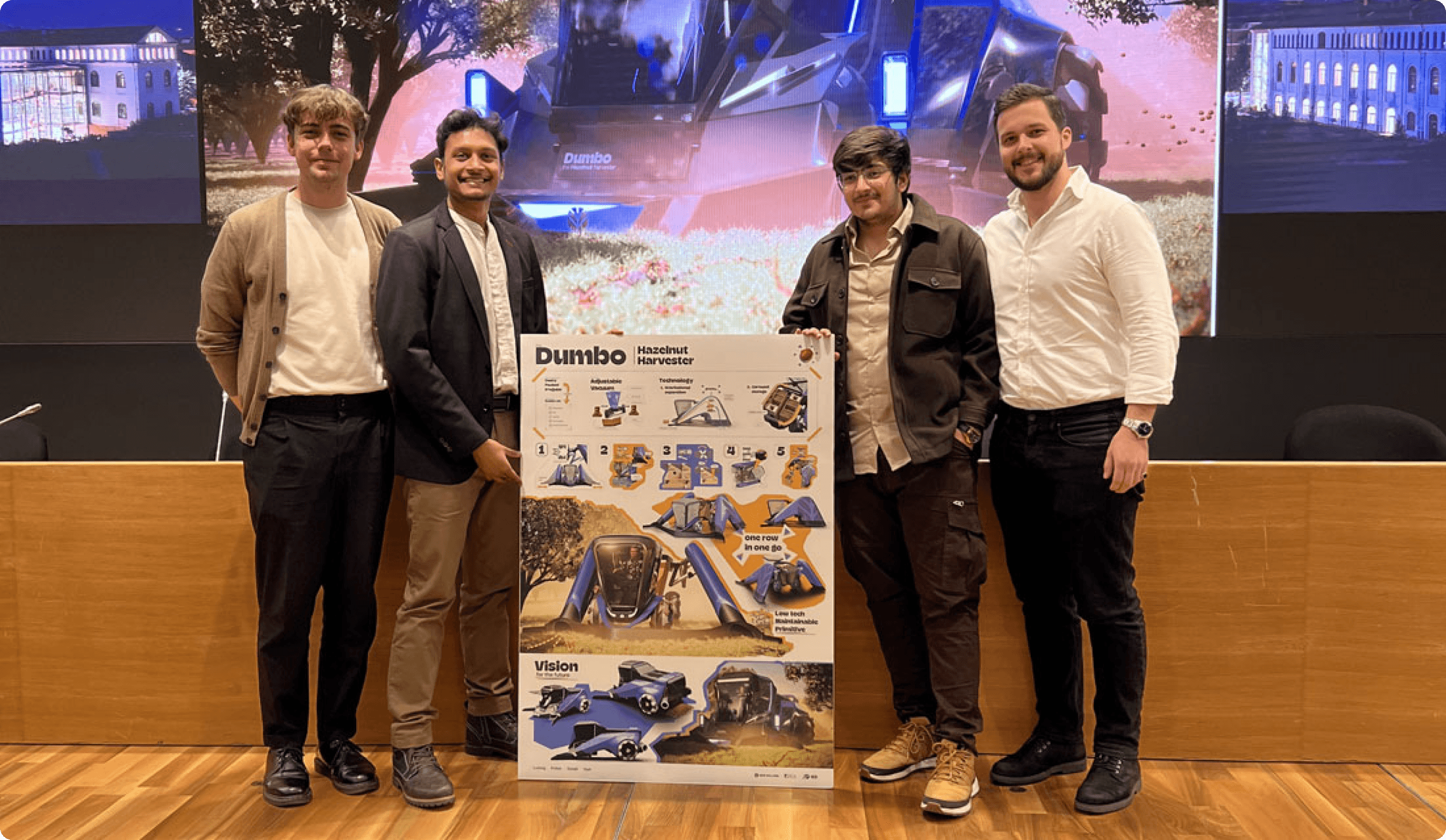 A group photo of all the designers invovled in DUMBO-A Hazelnut Harvester design project for Ferrero Roucher in collaboration with New Holland.