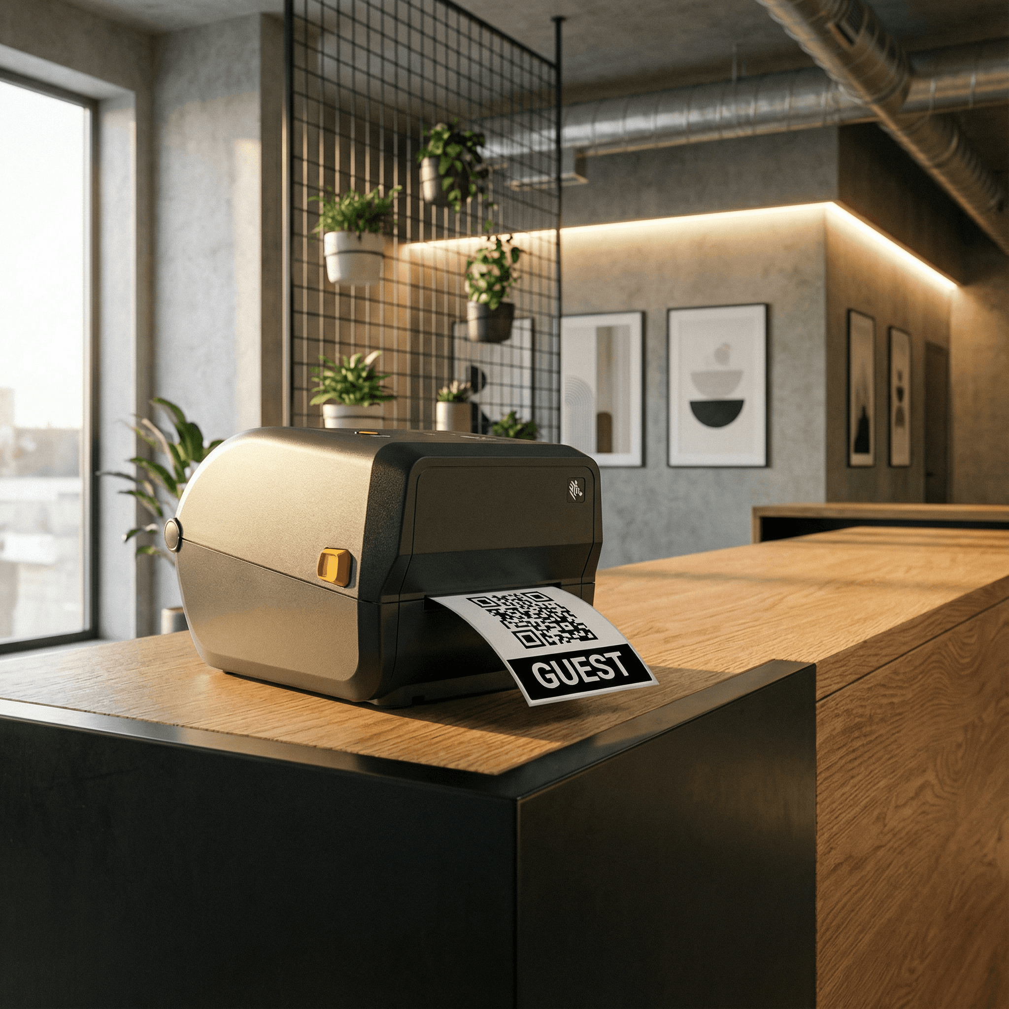 Zebra ZD230 Drucker am Empfang druckt Besucherausweis über anny aus