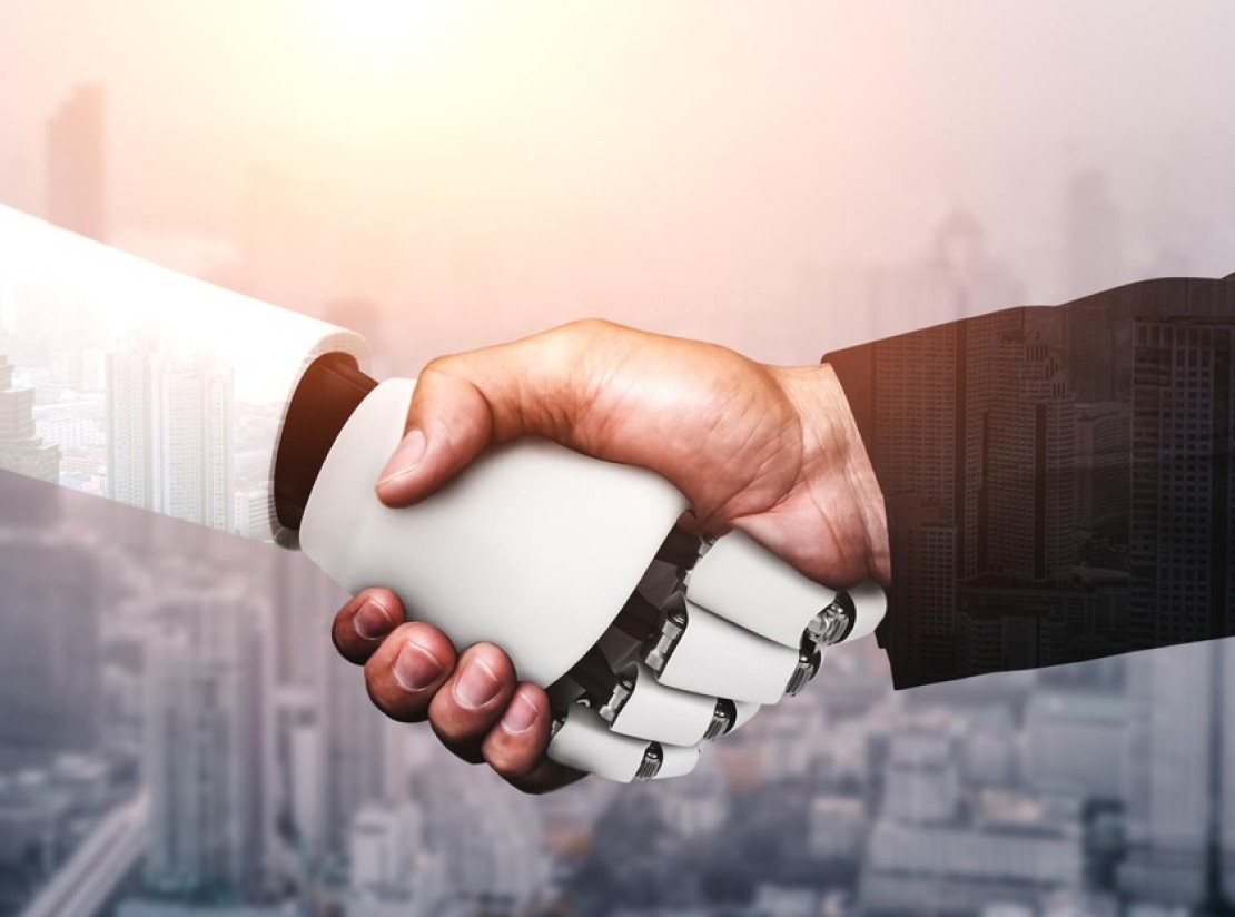 A man and a robot shaking hands over a cityscape, symbolizing a successful business partnership.