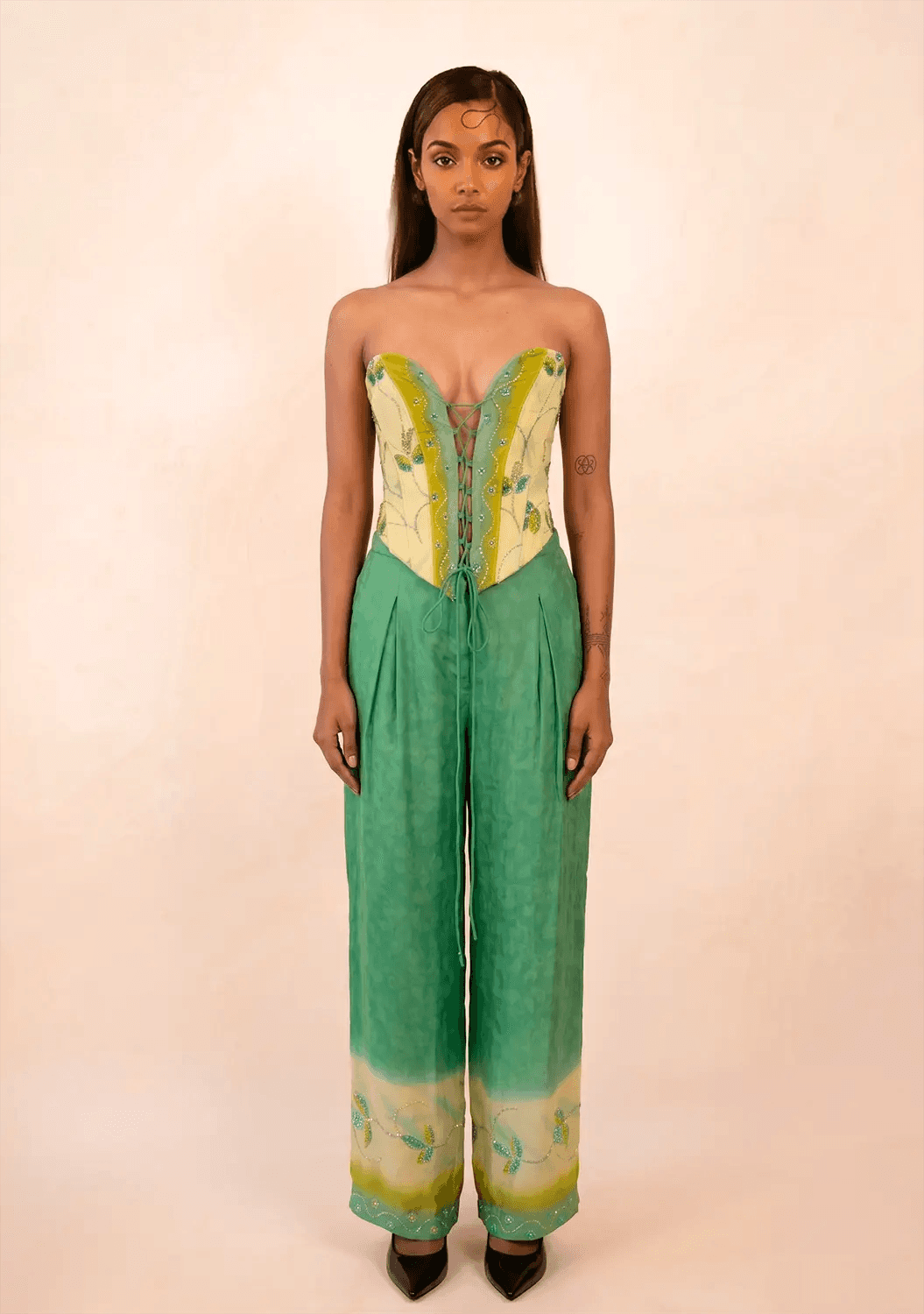 SWARA handcrafted silk corset from vintage saree with sweetheart neckline, tapered waist and adjustable back ties.