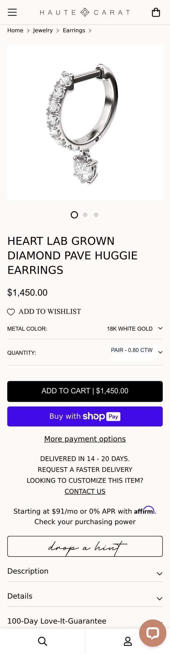 Jewelry product options include: earring for Heart Diamond Pave Huggie | Shop Now from HauteCarat.