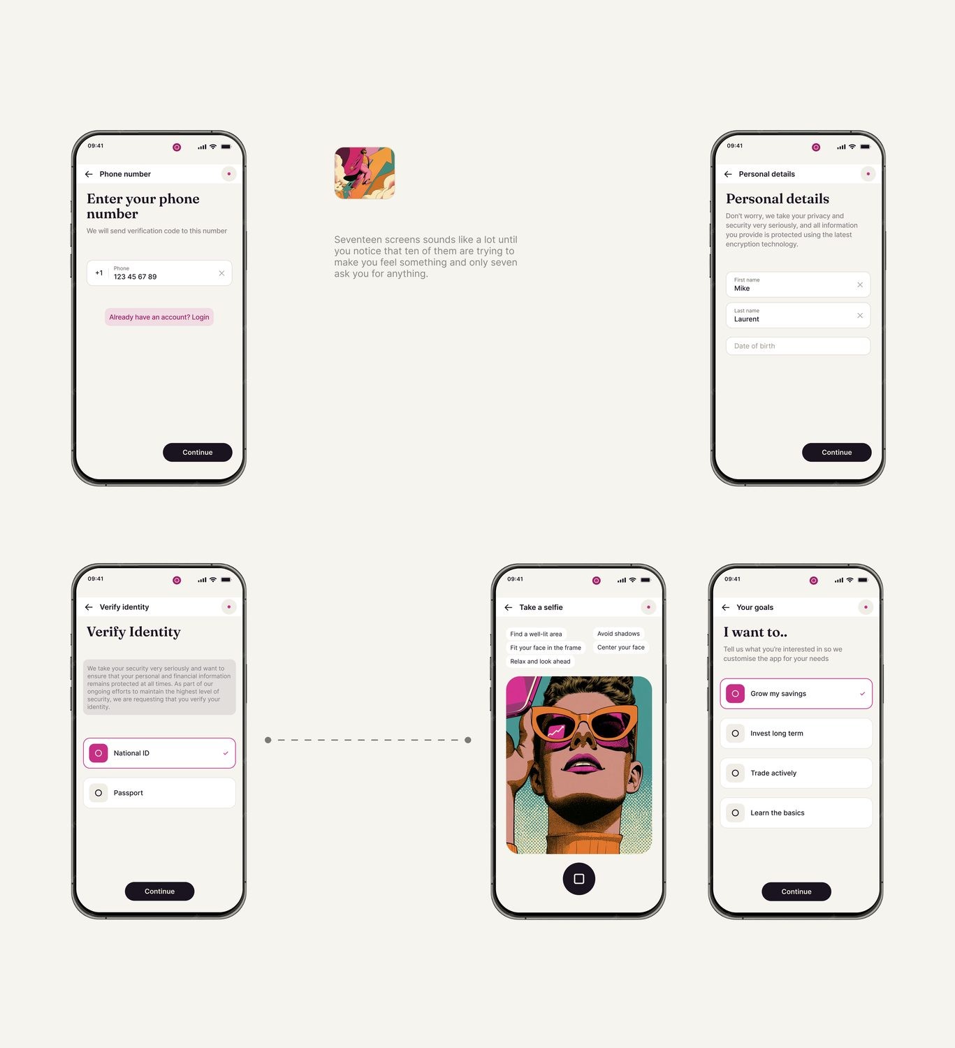 Onboarding screens on phones over a plum ground
