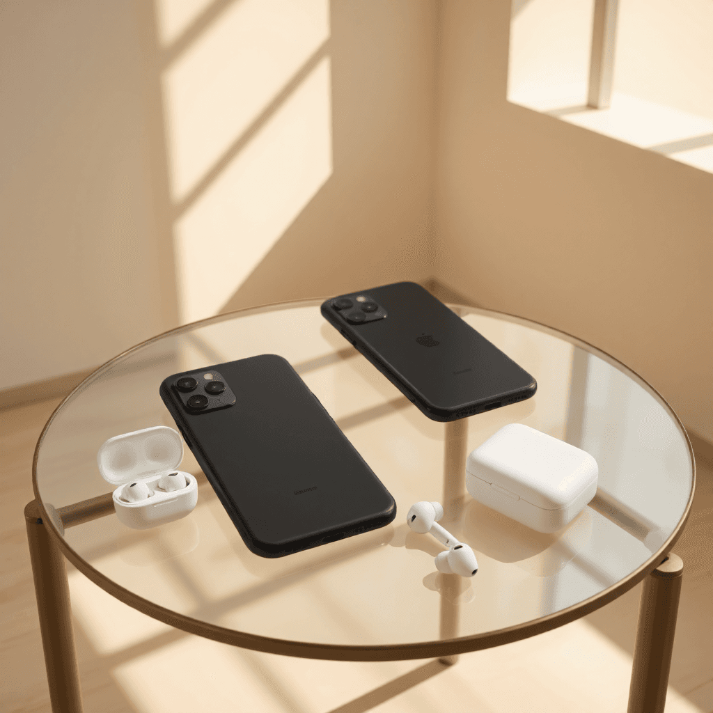 product photography of smartphone and accessories