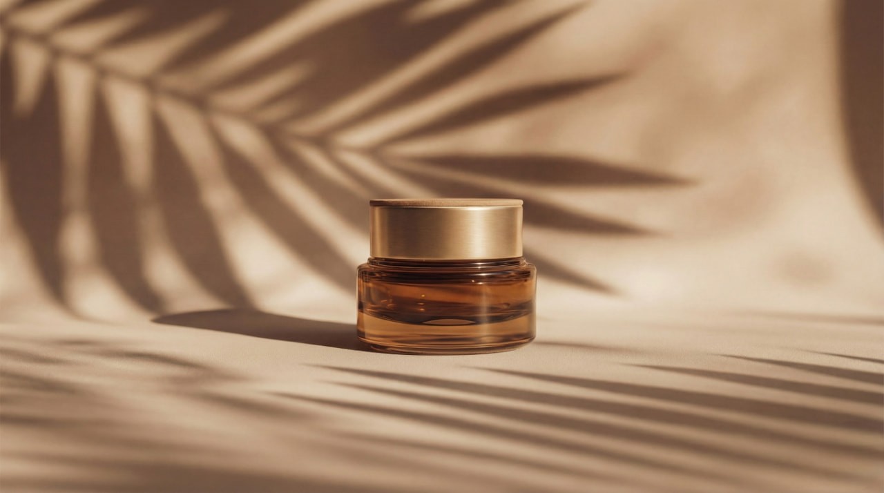 A small amber glass jar with a gold lid sits on a beige surface. Palm tree shadows are cast across the scene, adding a warm, tropical feel.