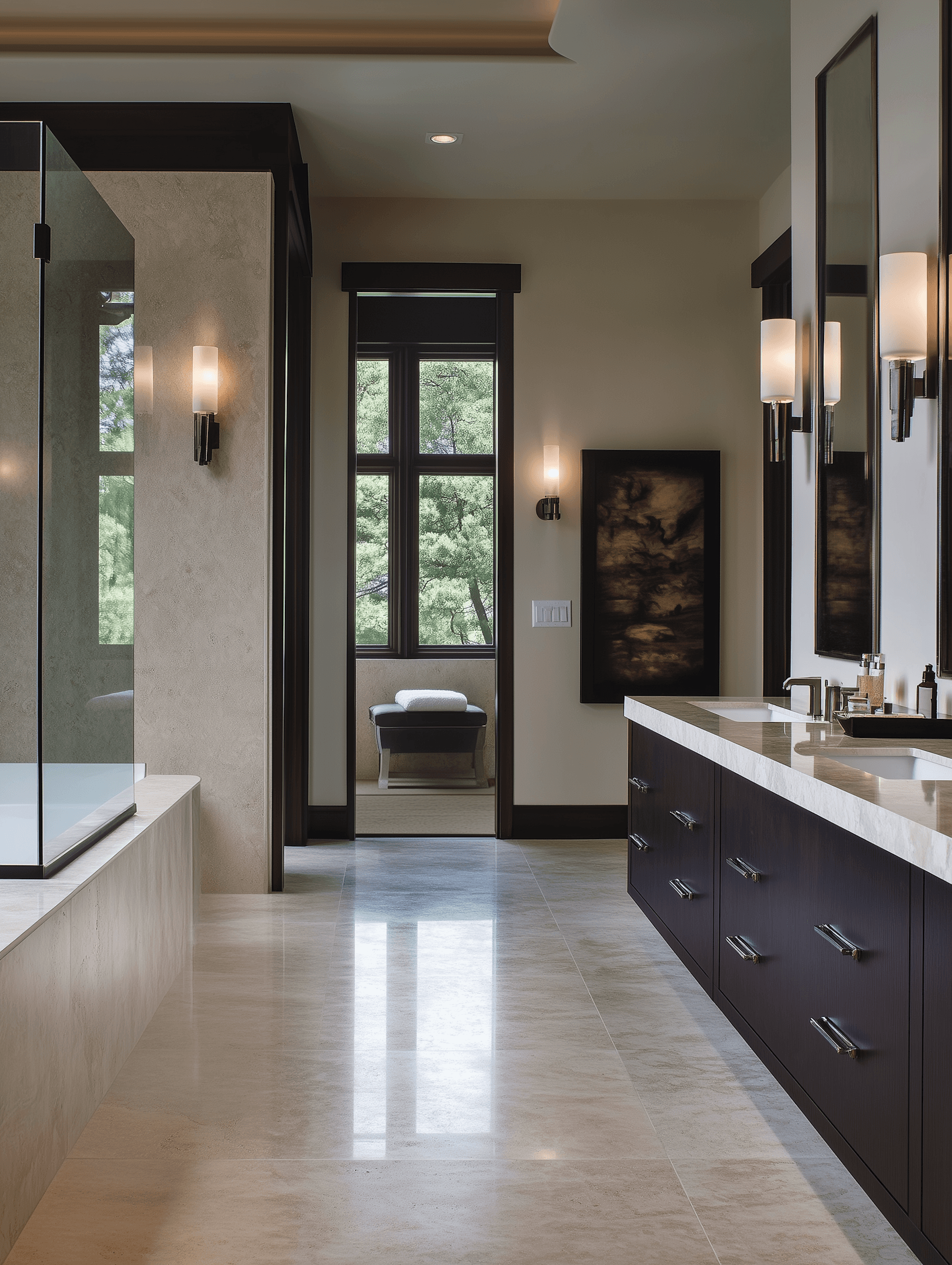 Spacious primary bathroom with dual vanities, black cabinetry, modern sconces, large windows with nature views, and elegant artwork