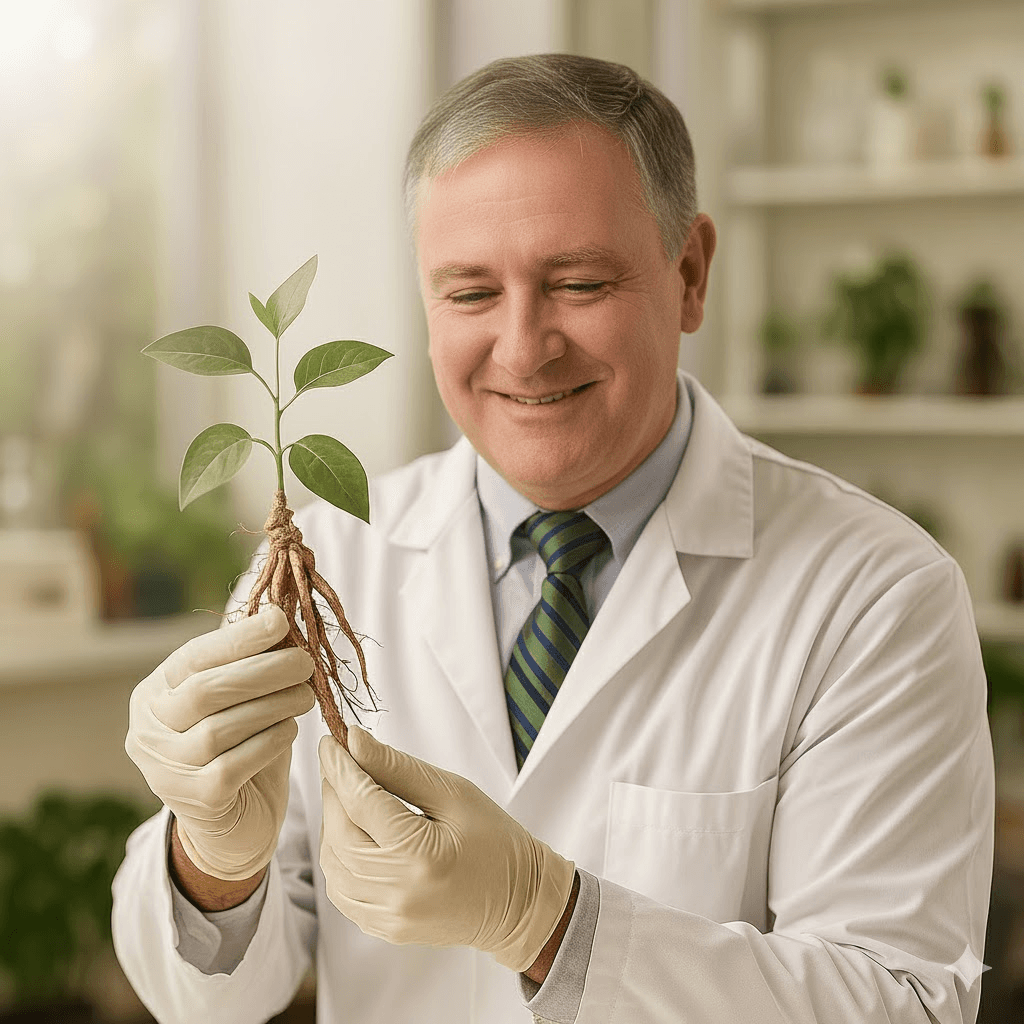 A scientist holding the ashwagandha root