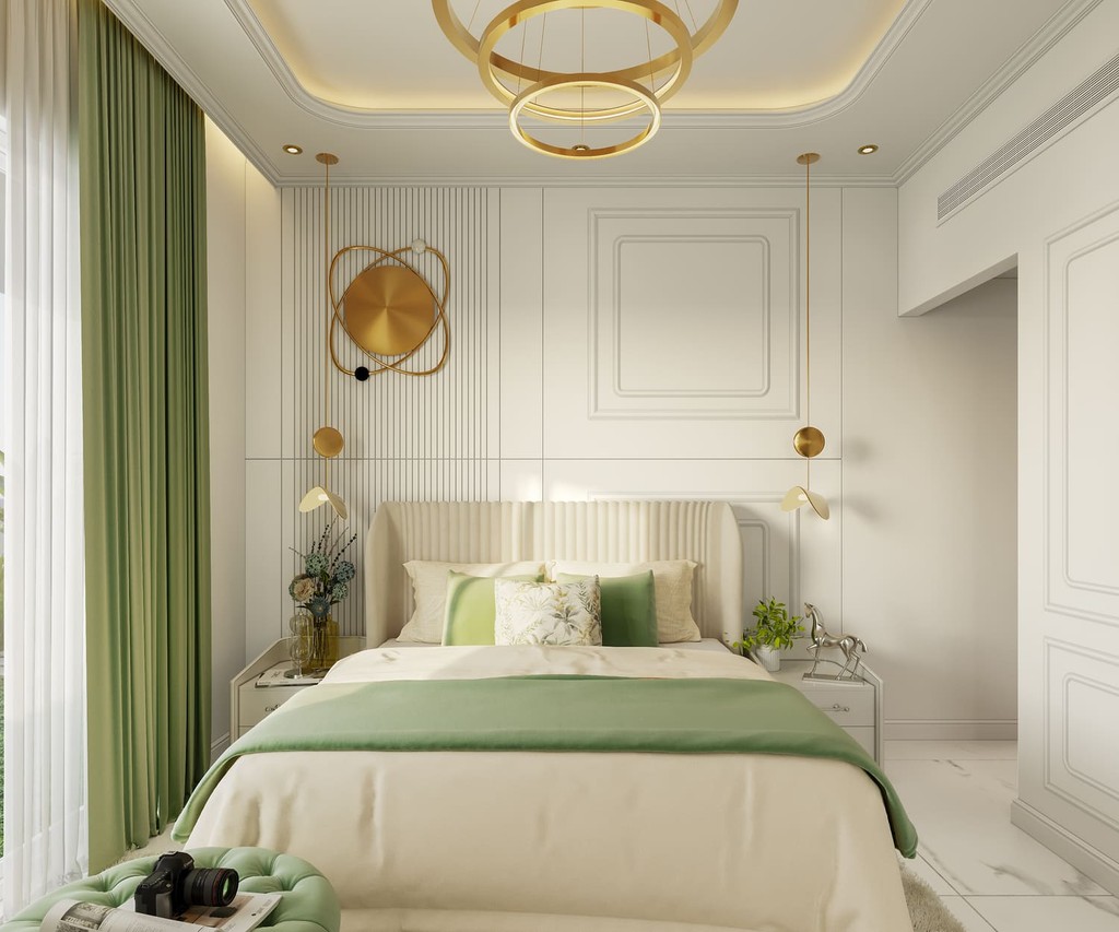 Stylish bedroom with green and white decor, located in Vincitore Wellness Estate.