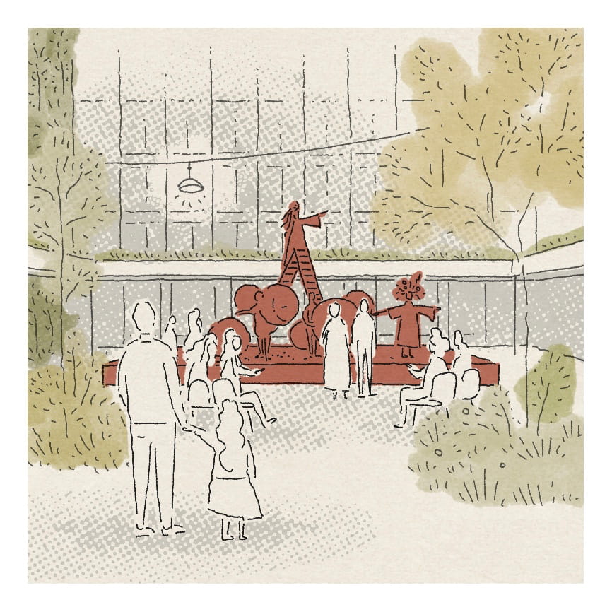 A serene outdoor scene featuring a red building, trees, and people enjoying a sunny day in a garden-like setting.