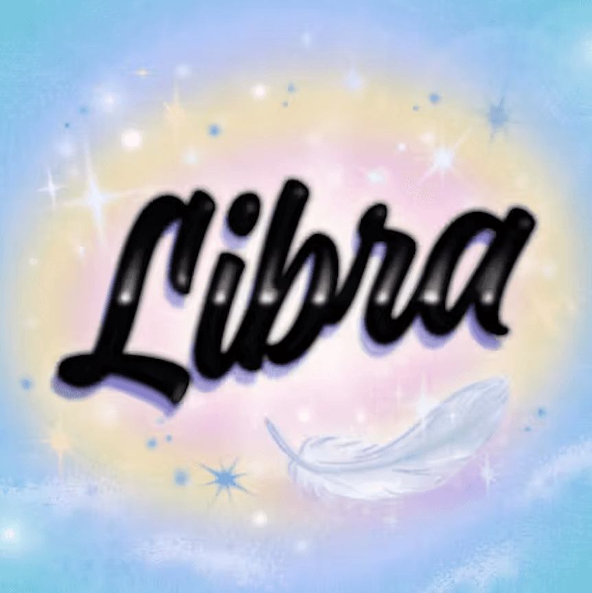A graphic featuring the word "Libra" in stylish black font on a pastel, dreamy background with clouds.