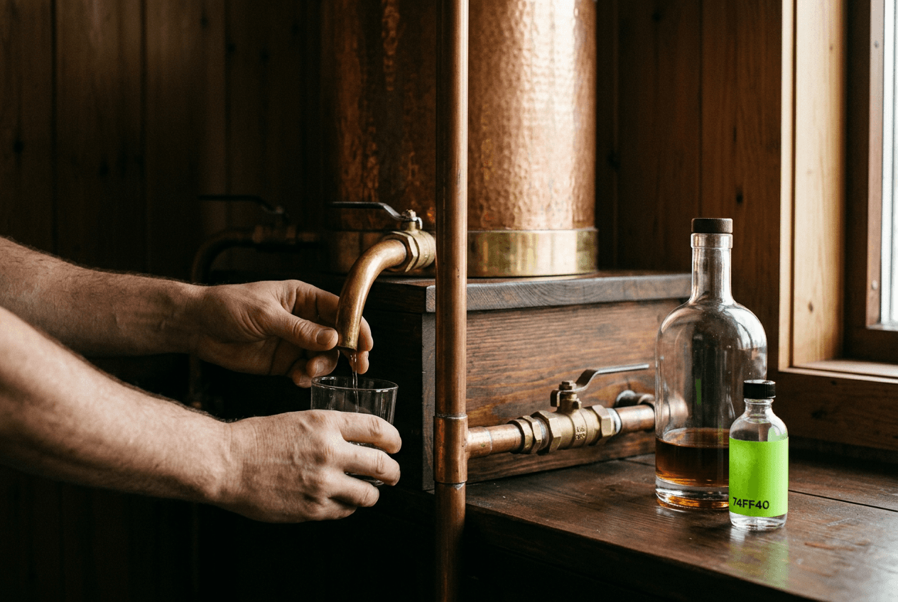 Zwei Hände halten ein kleines Glas unter den Auslauf einer Kupferdestille, daneben eine große Flasche.