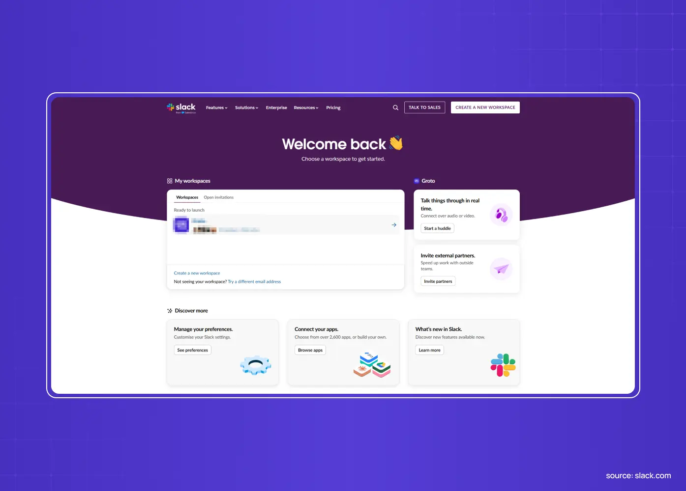 Slack workspace welcome screen showing available workspaces, workspace setup options, and collaboration features.
