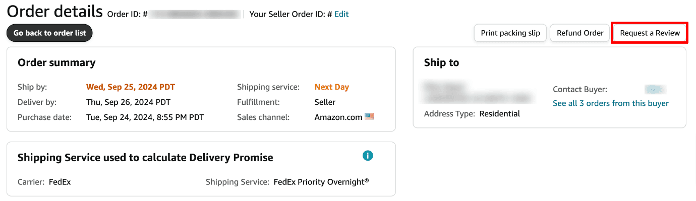 Request a review button in Seller Central