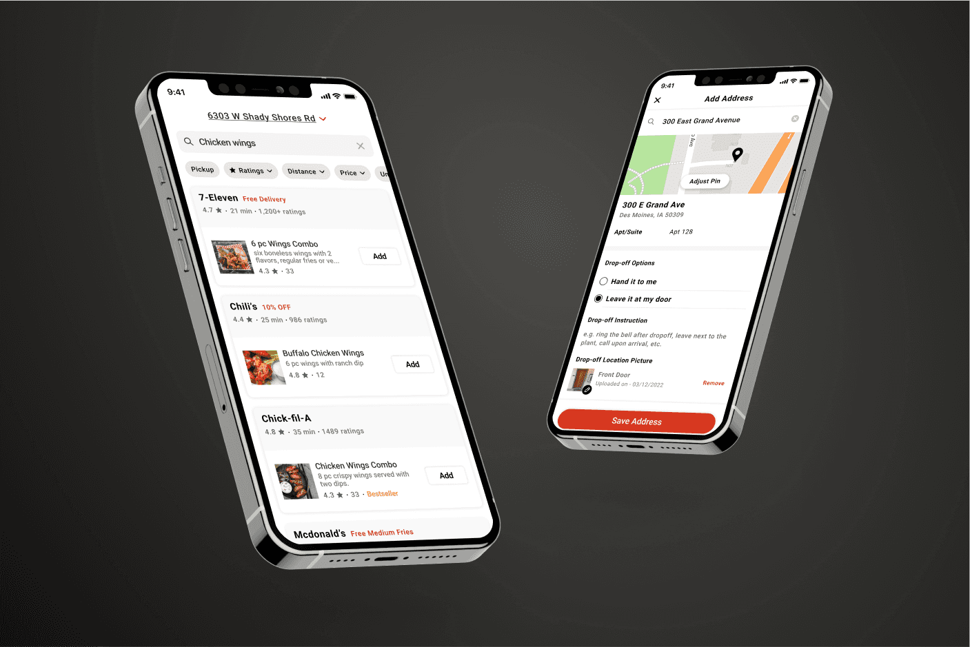 Mockup of two mobile screen showcasing ui screen of doordash redesign project,
