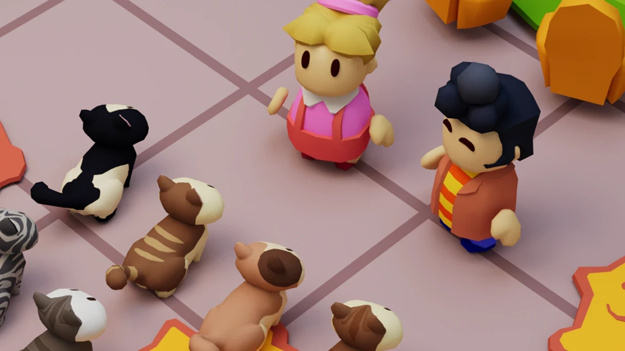 Characters caring for cats and dogs in a pet shelter.