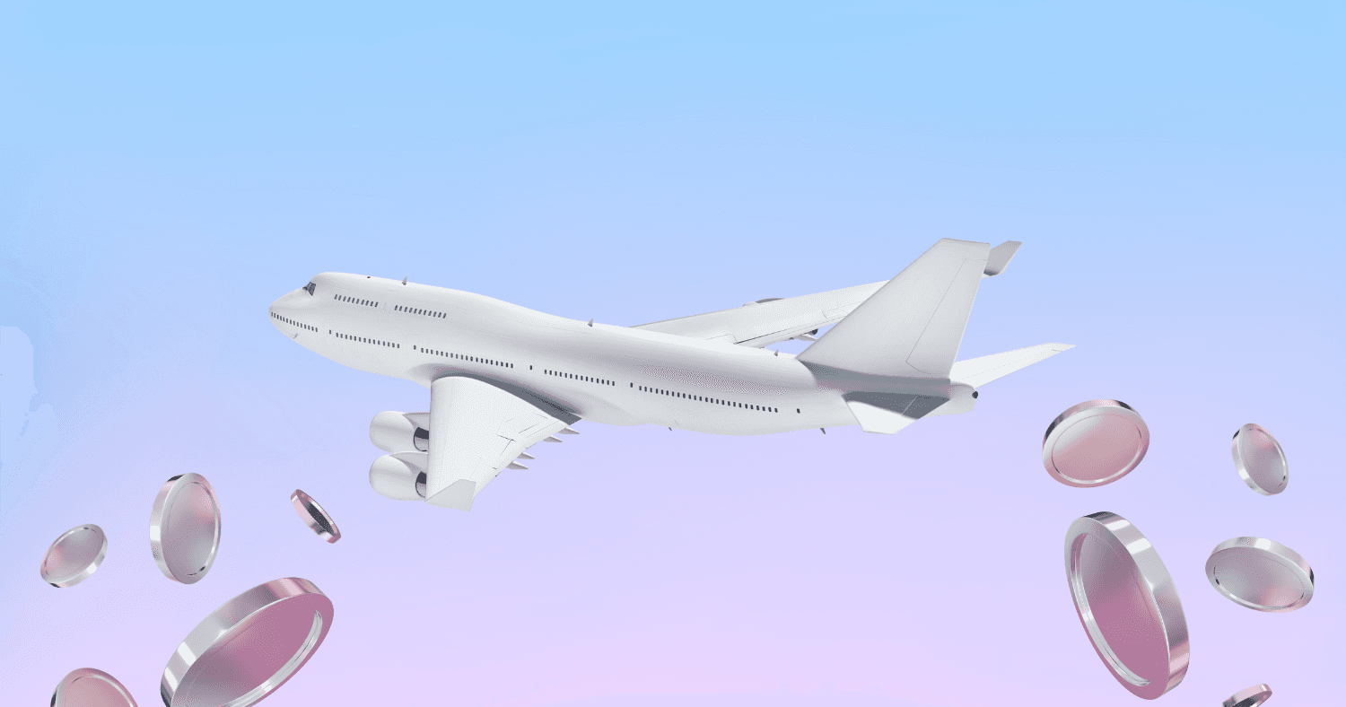 A 3D plane with coins on either side of it on top of a blue and purple gradient background