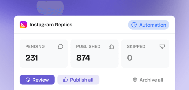 FanBase dashboard showing pending, published and skipped Instagram replies