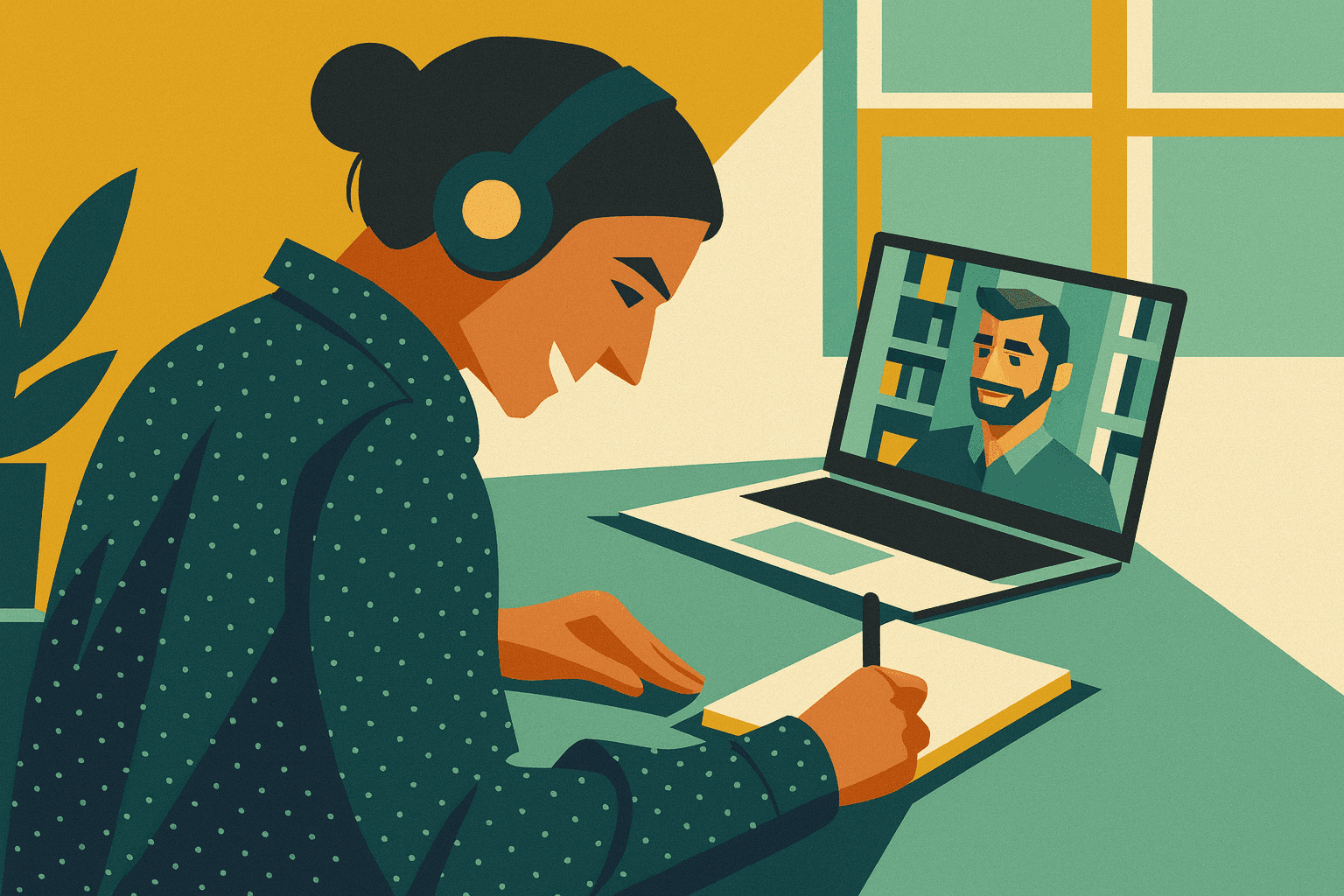 Giovane donna con cuffie che sorride durante una lezione online, prendendo appunti su un quaderno mentre parla con il docente collegato in videochiamata sul laptop.