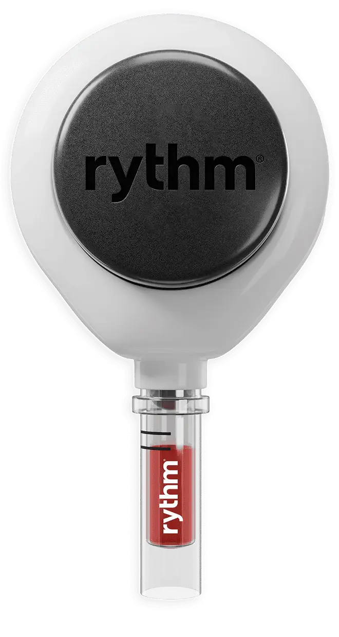 Rythm Health blood testing device with collection vial for at-home biomarker analysis.
