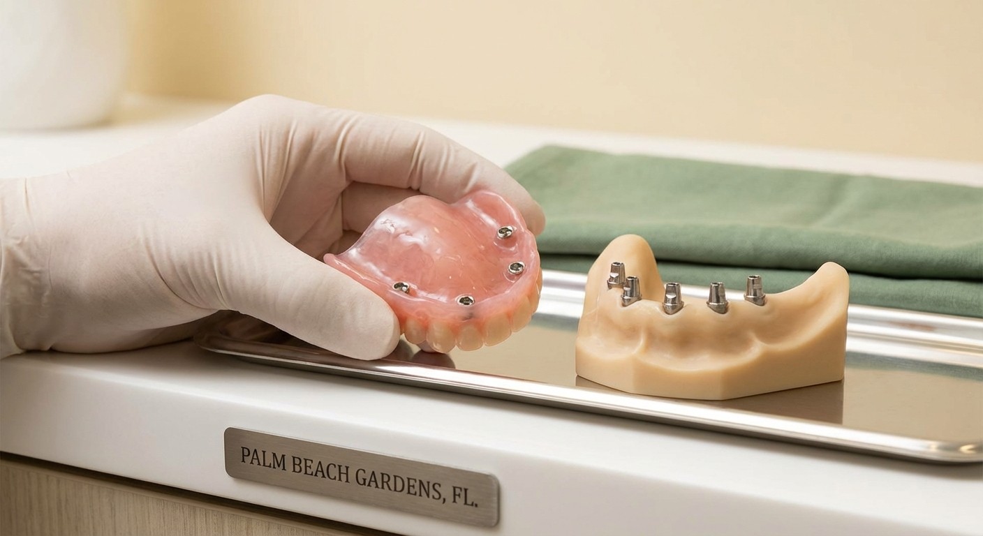 An implant-supported snap-on denture showing the attachment connectors next to a jaw model with implant posts