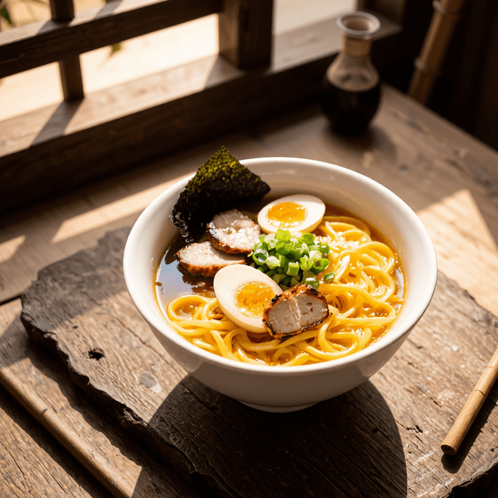 product photography of bowl of ramen noodles with toppings
