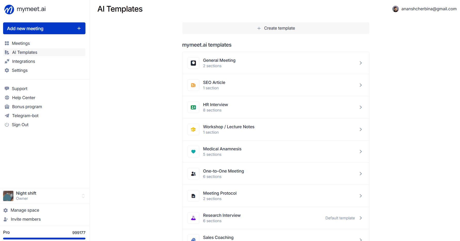"AI Reports" section in the sidebar, showing both blocks — "Workspace templates" and "mymeet.ai templates"