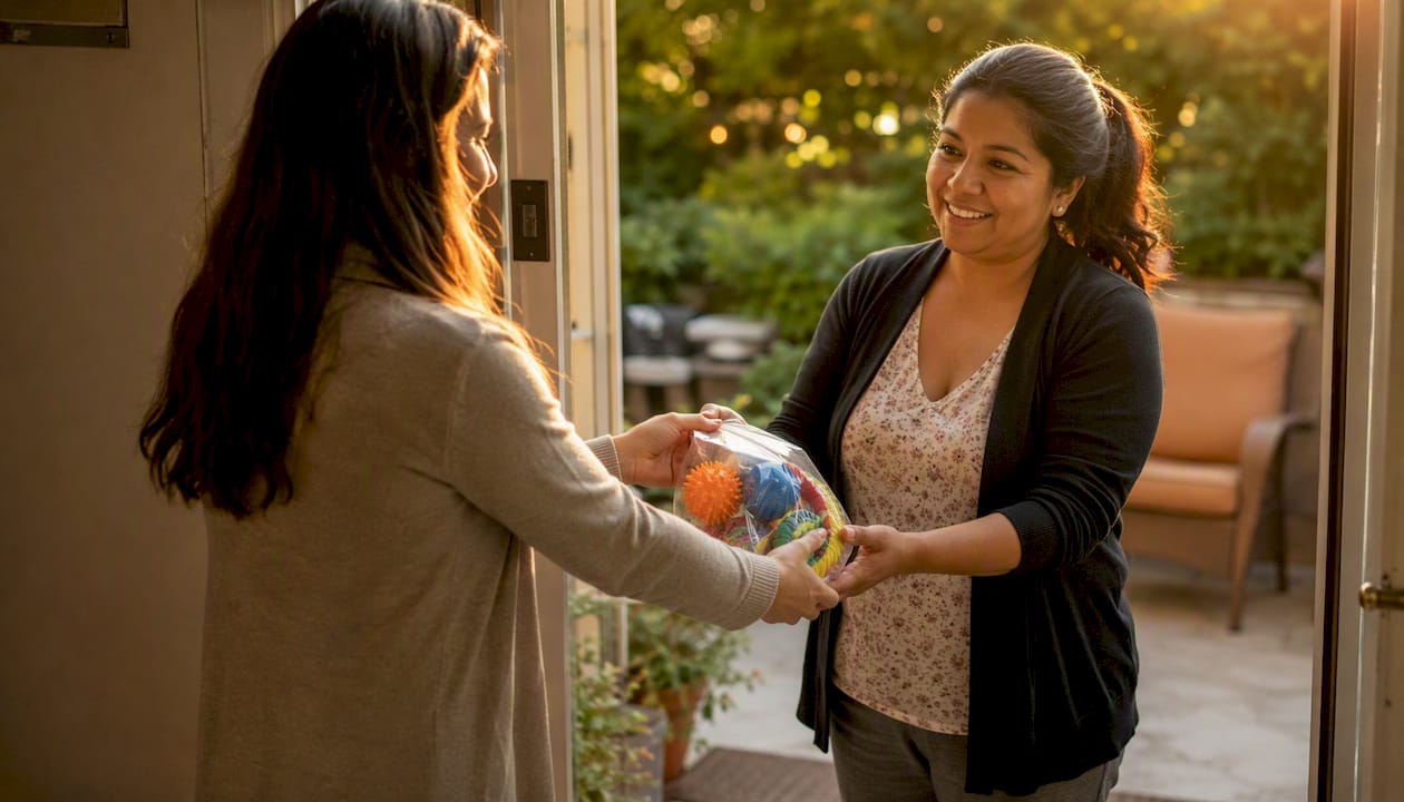 Parent handing sensory toys to caregiver