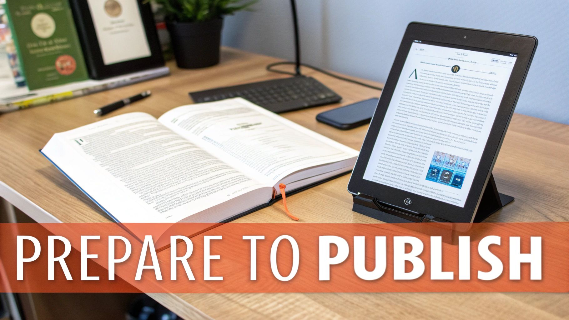A modern desk setup with an open physical book and a digital tablet on a stand, ready for publishing.