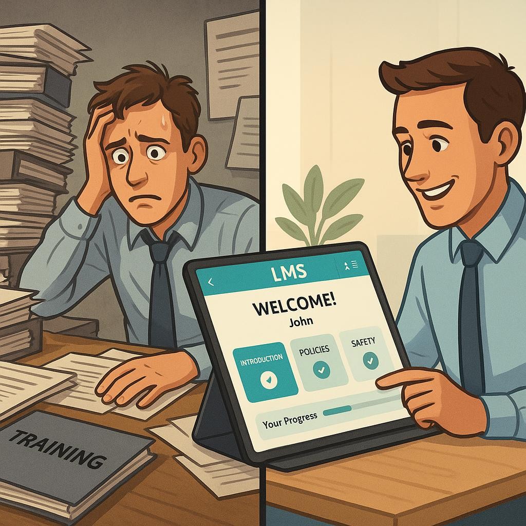 A visually striking split image depicting the transformation of onboarding. On the left side, a bewildered new employee is surrounded by towering stacks of physical paperwork, binders, and generic, uninspired training materials on a cluttered desk, conveying a sense of overwhelm and disengagement. The color palette is muted and chaotic. On the right side, the same employee, now smiling and confident, interacts with a sleek, modern, and intuitive digital interface of a Learning Management System on a tablet or laptop. The screen displays a clear, engaging onboarding portal with personalized welcome messages, interactive modules, and progress tracking, all set against a clean, organized digital workspace. The color palette is bright, professional, and inviting. The purpose is to visually contrast the outdated, inefficient onboarding experience with the modern, empowering, and streamlined approach offered by an LMS, immediately illustrating the article's core message of transformation and unleashing potential.