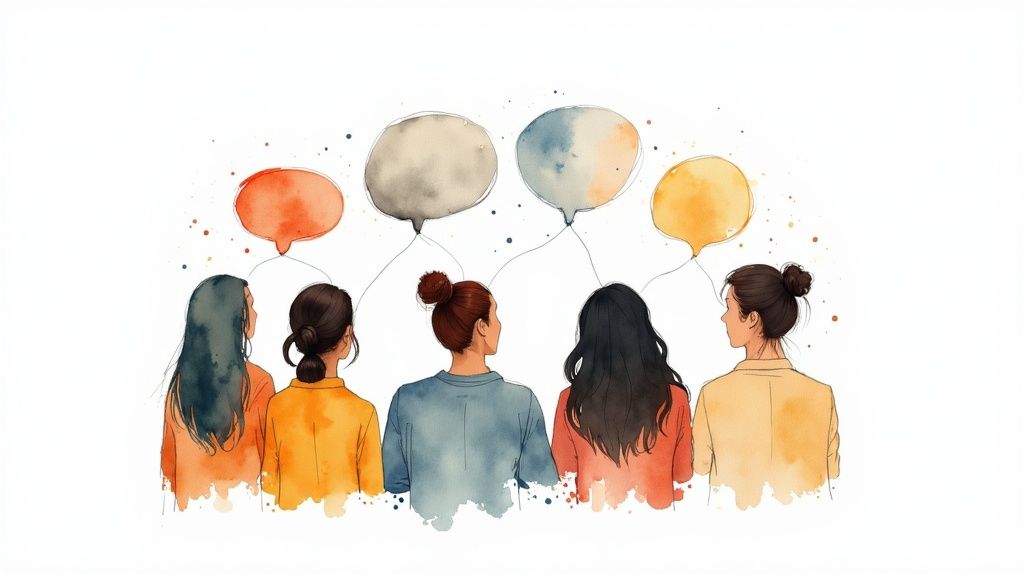 Five diverse women from behind, each with a colorful speech bubble above, symbolizing communication and discussion.