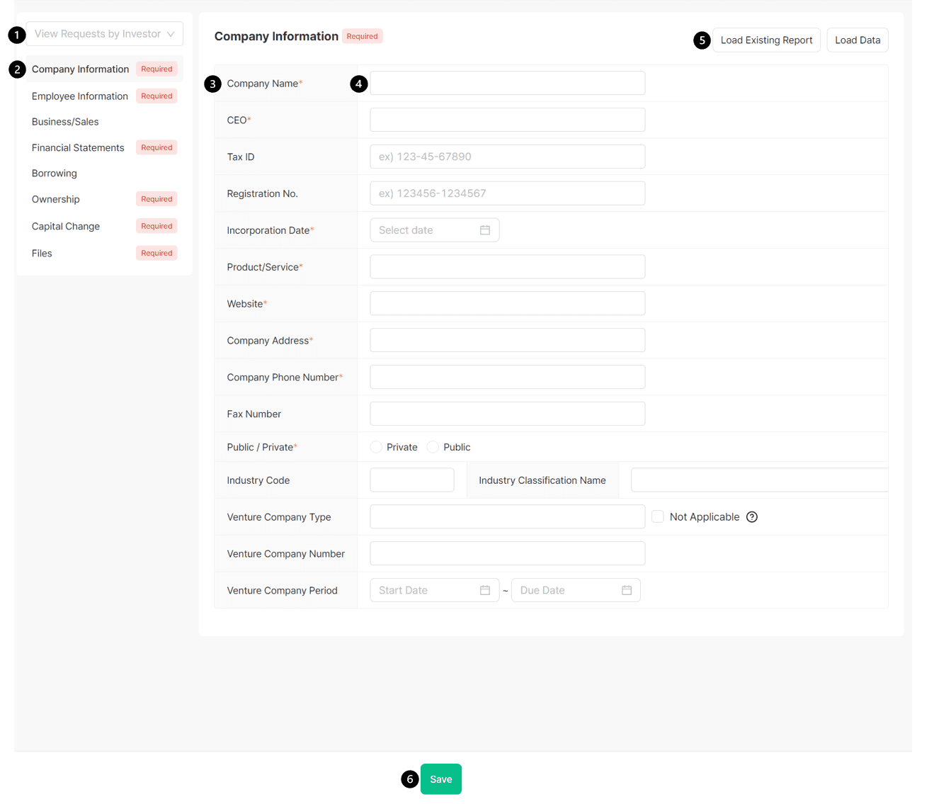 Input data for required sections