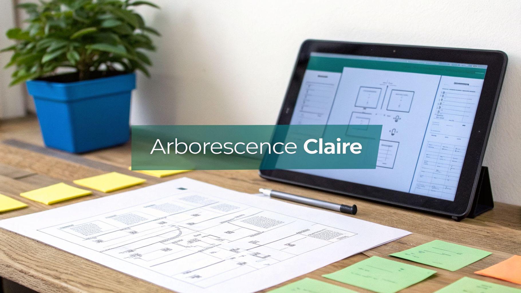Espace de travail moderne avec tablette, plan, notes autocollantes et plante. Le texte 'Arborescence Claire' est affiché.