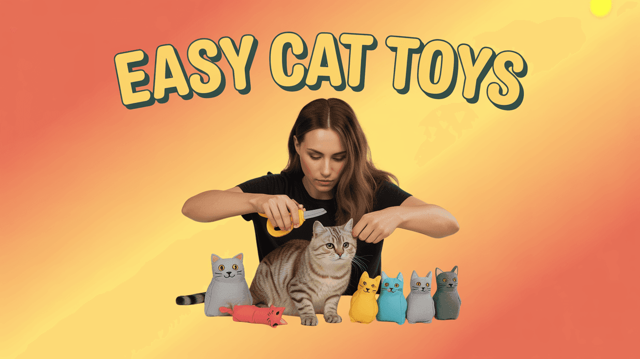 Creator crafts handmade cat toys beside EASY CAT TOYS headline
