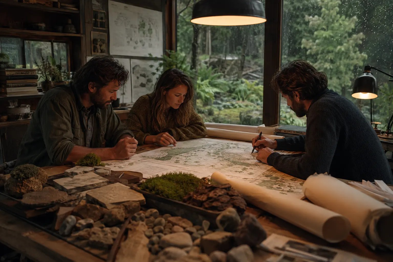 Three Brackenward designers working over a garden plan in the studio, rain on the windows