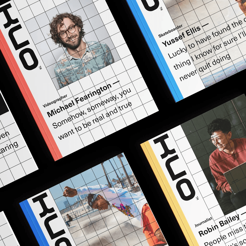 A collage of bold editorial-style brand designs featuring portrait photography, large typography, and red, blue, black, and white graphic elements.