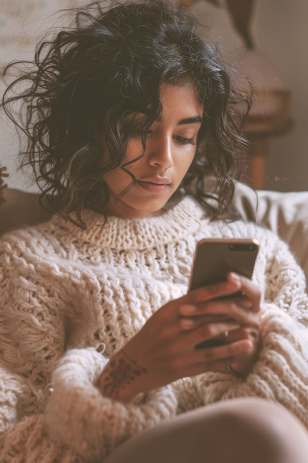 tired new mother looking at her phone while managing mental load during early postpartum at home