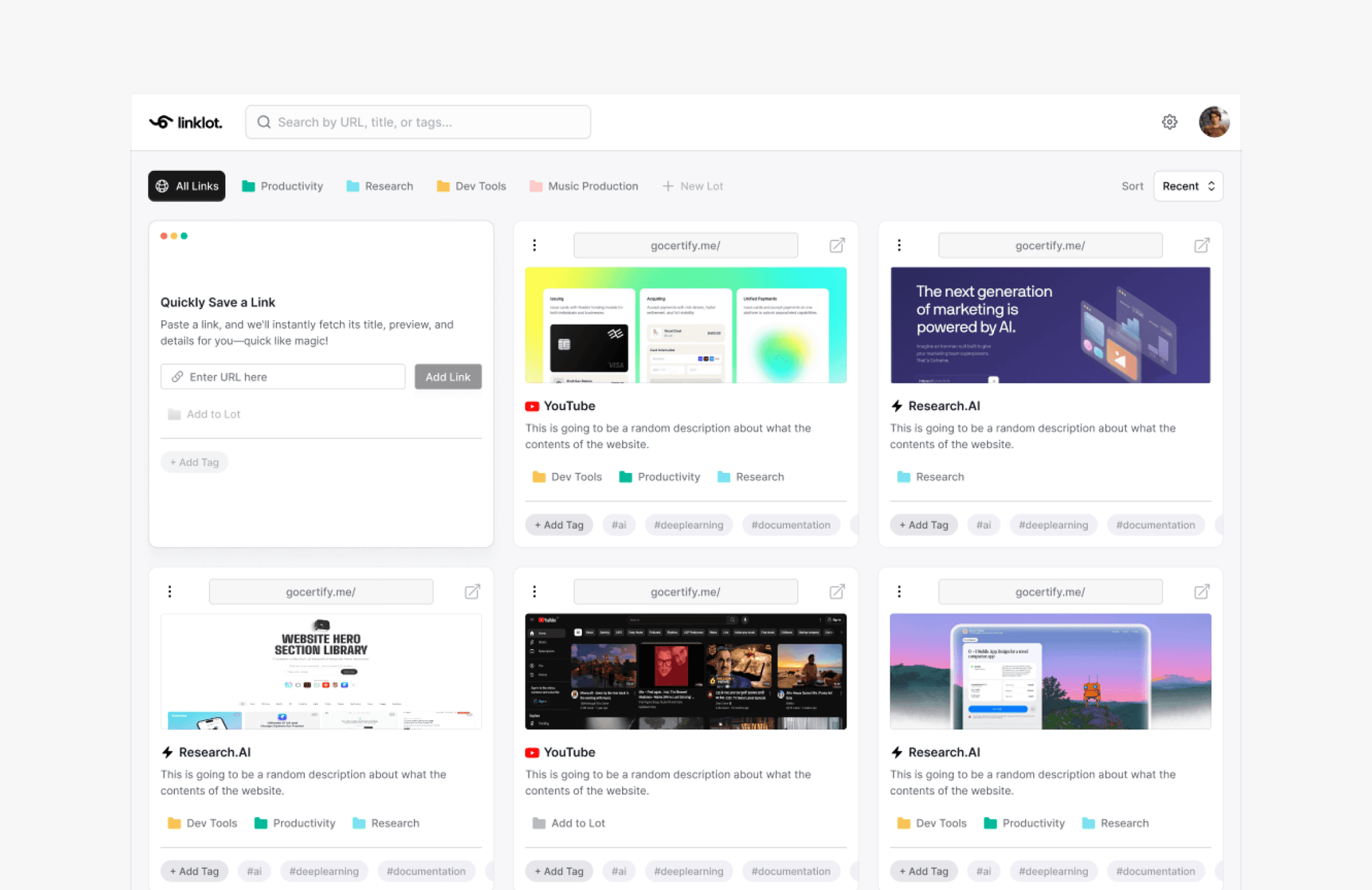 The image shows a digital workspace interface from Linko.ai, featuring a grid of productivity and research tool cards, including YouTube thumbnails and text descriptions against a minimalistic white background.