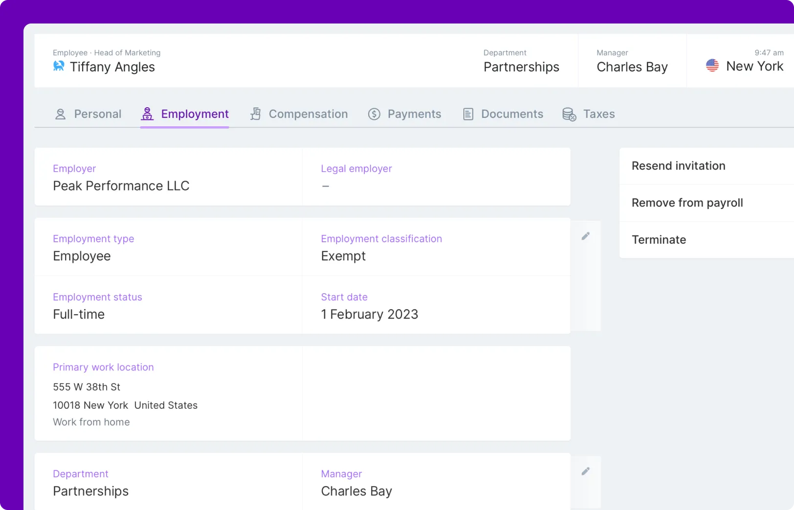 A screenshot of an employee named Tiffany Angles, showing her Employment page. Other tabs shown for her team member profile are Personal, Compensation, Payments, Documents, and Taxes.