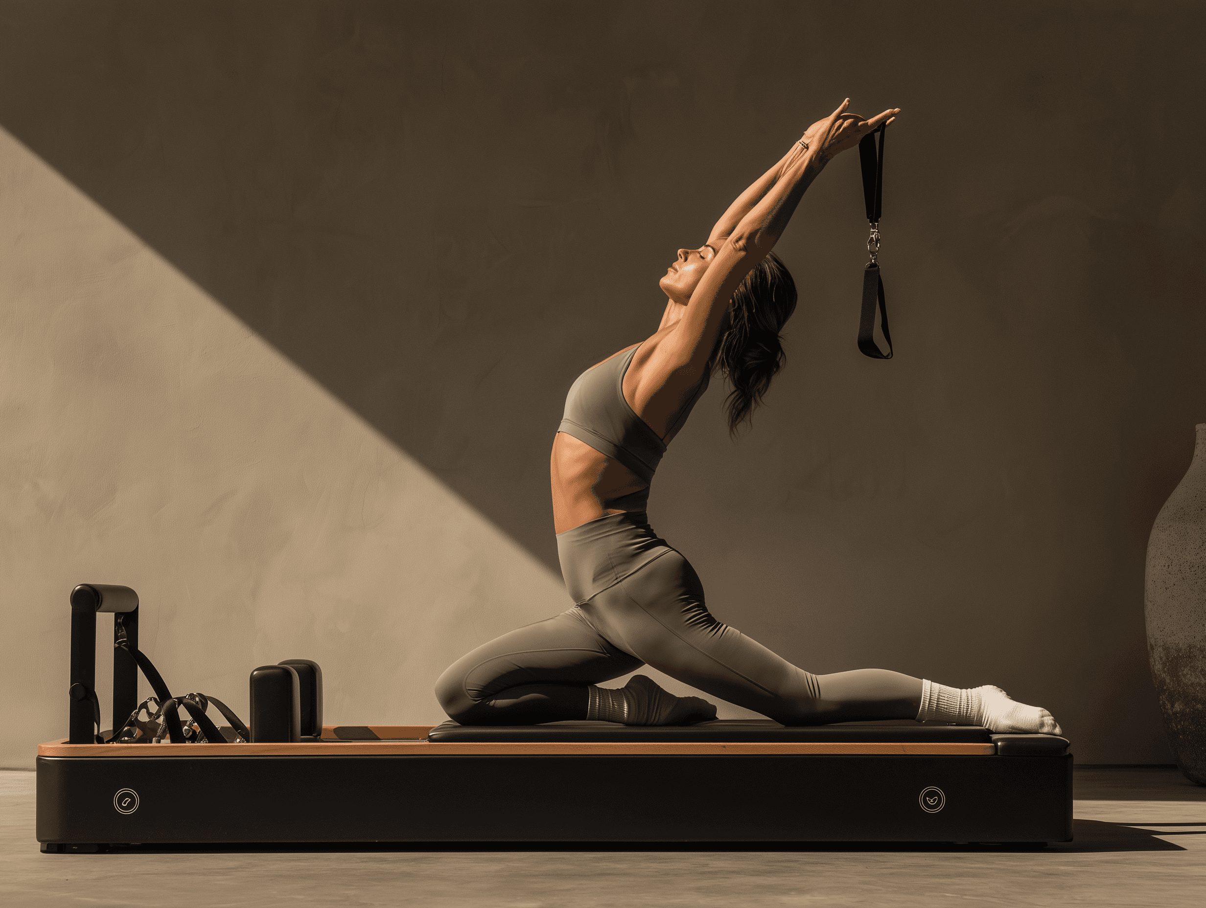 A woman in grey athletic wear performing a deep stretch on a Pilates reformer machine in a sunlit room.
